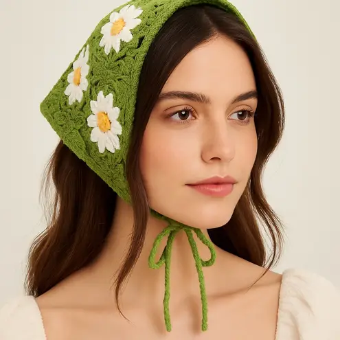 Green Crochet Triangle Headscarf Dainty Daisy Floral Knit Bandana new