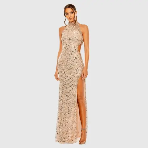 Mac Duggal 49679 Rose Gold Side Cut Out High Neck Sequin Gown Dress