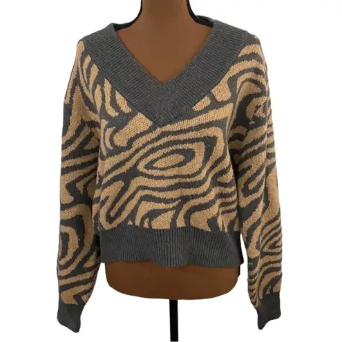 Scotch & Soda Cropped V-Neck Alpaca Blend Sweater In Wood Grain grey camel sz M