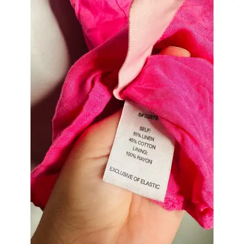 LOUNA Pink Linen Blend Tiered Puff Sleeve Tie Back Square Neckline Mini Dress S