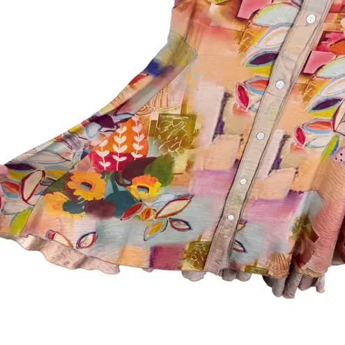 Radzoli Artsy Floral Button Up Collared 3/4 Roll Tab Sleeve Tunic Dress Size S