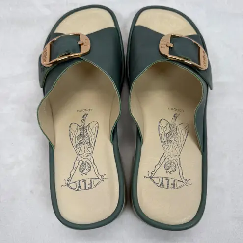 Fly London Leather Mules Buckle Detail Elax Jade Green Slides Size 37