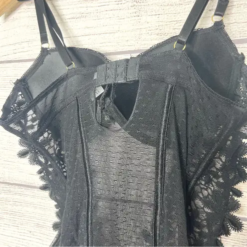 Sheer Black Lace Bustier Lingerie with Floral Appliqué and Garter Straps Size XL