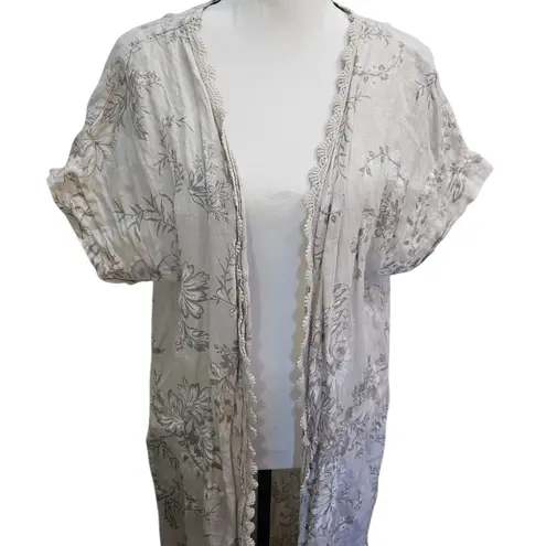 Elena Baldi Linen Duster Lace Floral Patterned Cream Kimono Made In Italy M