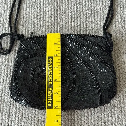 Vintage 70s LaRegale Hand Made Black Beaded Sequin Formal Dressy Going Out Purse