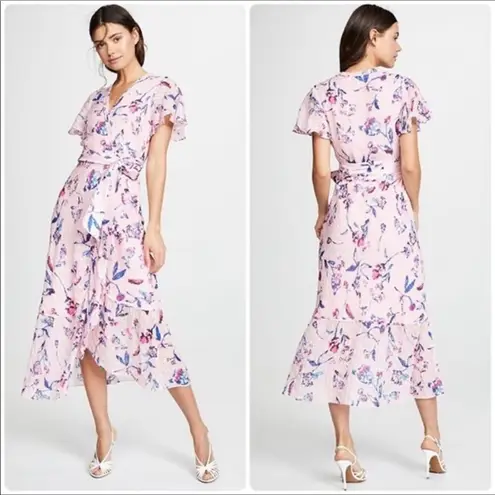 Tanya Taylor Blaire Pink Floral Silk Ruffle MIDI Dress Faux Wrap Flowers