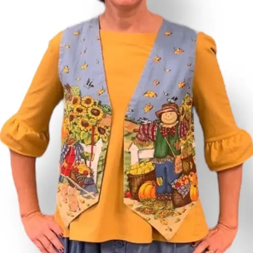Vintage Handmade Reversible Vest Autumn Pumpkin Scarecrow Farmhouse Blue Orange Yellow Size M
