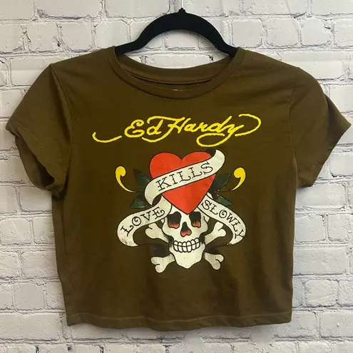 Ed Hardy Love Kills Slowly Brown Crop Top Medium Skull Crossbones Heart Graphic