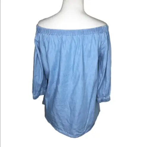 Girl Krazy Blue Off Shoulder Cotton Blend Chambray 3/4 Sleeve Top Small