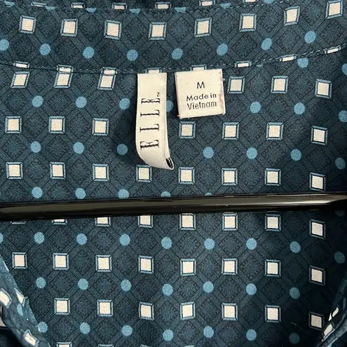 Elle button-up blouse navy blue with blue dots & white squares - Size medium