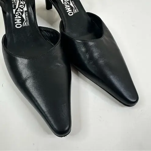 Salvatore Ferragamo Slingback Kitten Heels Womens 8.5 Black Leather Pointed Toe