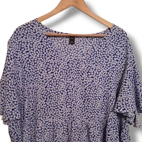 Emery Rose Ditsy Floral Babydoll Dress-Size 4XL-Blue-White-Flutter Sleeves