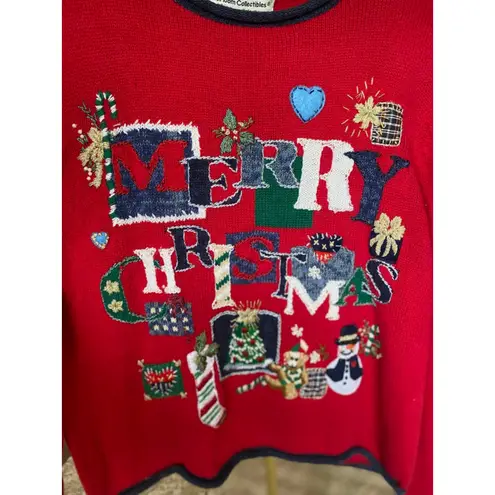 Vintage Merry Christmas Knit Sweater Heirloom Collect Red Holiday Parisian Party Size XL