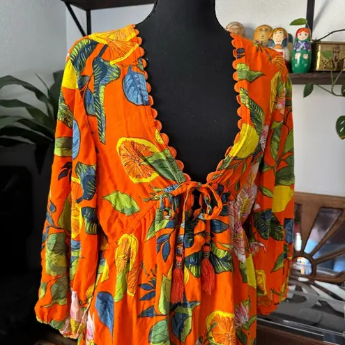 Blue Island Tropical Orange Citrus Print Vacation Resort Dress