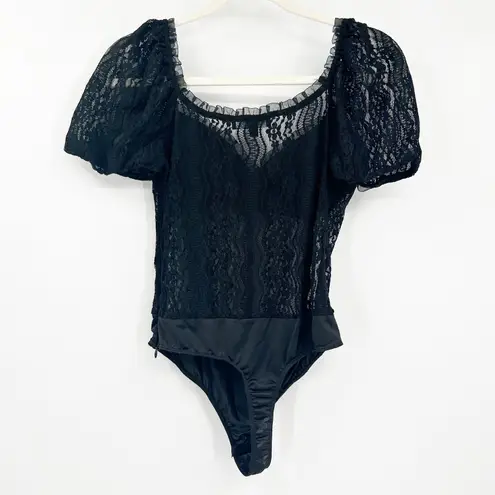 Lulus Womens Feeling Flirtatious Floral Lace Puff Sleeve Bustier Bodysuit Size M Black Size M