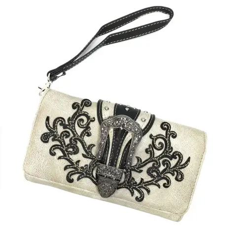 Classic Western Buckle Crossbody Trifold Wallet Black