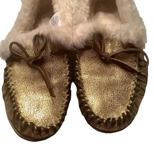 J.Crew  gold crackled metallic suede lodge moccasins slippers shoes size 8