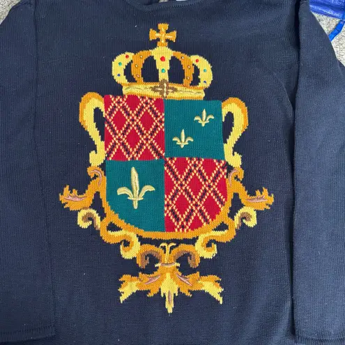 Vintage 90s Marisa Christina Black Knit Crewneck Crest Coat of Arms Sweater Blue Size M