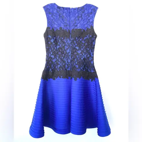 Tadashi Shoji dress pintuck neoprene lace black blue fit and flare sleeveless