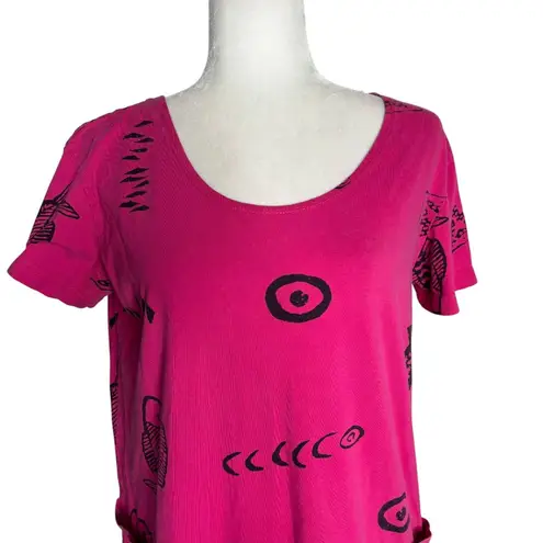 Vintage 90s Graphic Fish Print Shift Dress Small Pink Short Sleeves Pockets