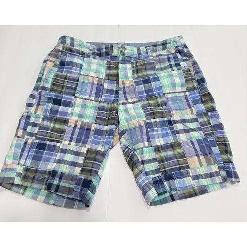 LL Bean Green Blue Plaid Madras PatchworkFavorite Fit Bermuda Shorts Size 10