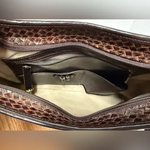 Brahmin Vintage Large Cream Woven Canvas Brown Leather Shoulder Handbag Purse