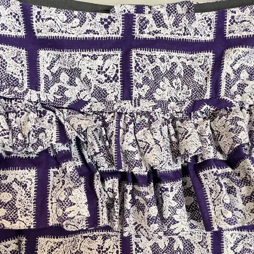 Handmade Blouse Lace Print Ruffled Short Puffed Sleeves Purple White Top Women