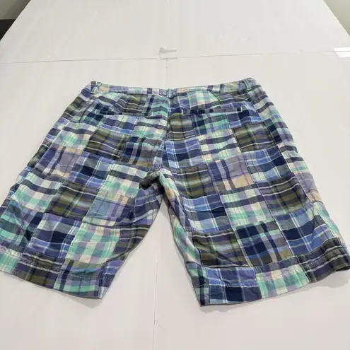 LL Bean Green Blue Plaid Madras PatchworkFavorite Fit Bermuda Shorts Size 10