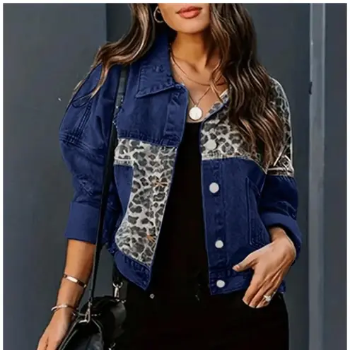 NWOT Leopard Panel Distressed Denim Button Jacket Washed Long Sleeve Coat XXL Blue