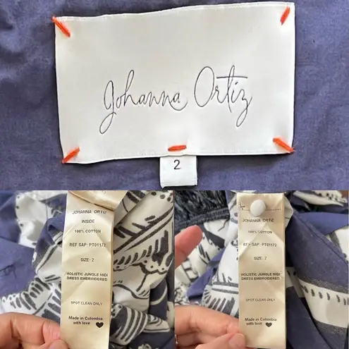 Johanna Ortiz Holistic Jungle Embroidered Midi Dress Navy Ecru 2 EUC Blue