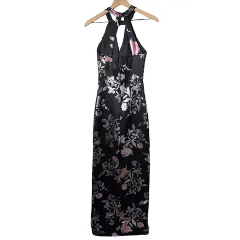 BCX Dress Floor Length High-Neck Maxi Dress Black Floral Print Women’s Size 3