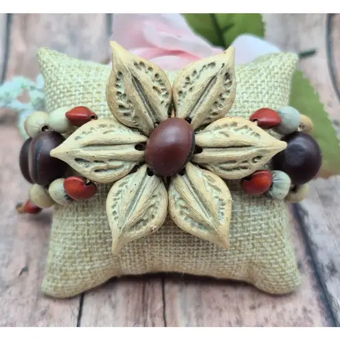 None Vintage Jewelry Bracelet Seed Pod Floral Wooden Handmade One Size Slide Closure