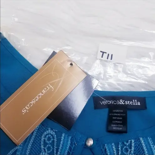 Veronica & Stella Teal Embroidered Keyhole Top Coastal Grandma Bohemian Blue Size M