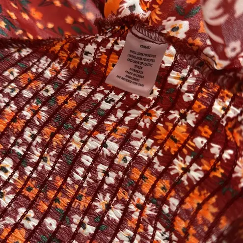 Madden NYC Junior's Shirred floral Print Peasant Top L Puff sleeve smocked Orange Size undefined