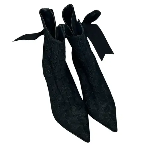 Hollywould Black Lace Overlay Ankle Boots 6.5 – Pointed Toe Bow Tie