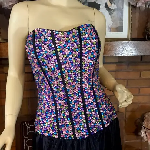 Tiffany Designs MULTI-COLOR BEADED STRAPLESS DRESS WITH BLACK SATIN SKIRT (8)