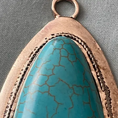 Silvertone Necklace Pendant Teardrop Shape Turquoise Color Stone 2.75” H Blue