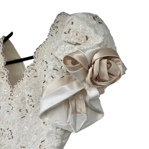 Mon Cheri Vintage White Brown Beaded Pearl Bow Sleeve Detail Satin Ballgown Wedd