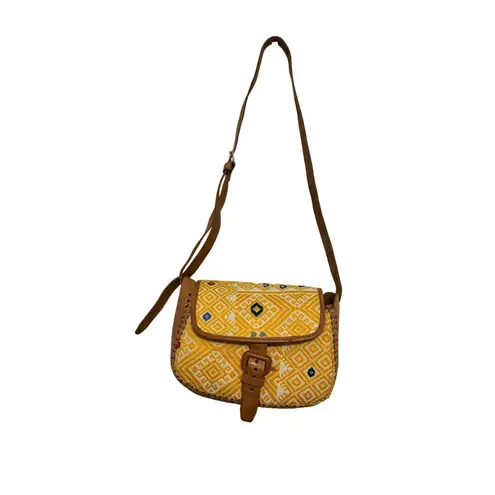 Handmade Vintage Yellow Woven Pattern & Leather Crossbody Bag With Adjustable Strap