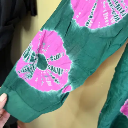 Elan Sand Dollar Teal Pink Button Up Tunic Shirt Womens XS Rayon Roll Tab Sleeve