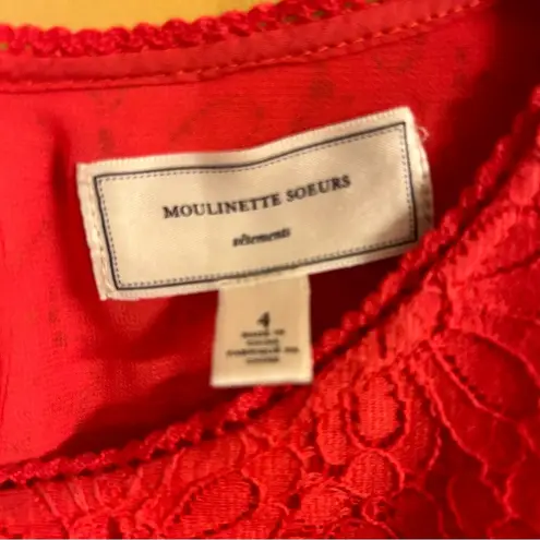 Moulinette Soeurs cotton, nylon blend lace overlay tailored blouse, orange, sz 4