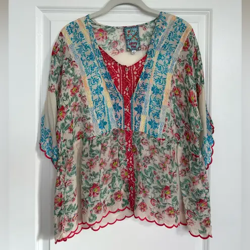 Johnny Was  Amber Button Down Floral Scallop Hem Blouse Top