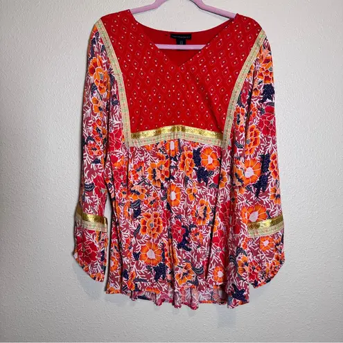 Cynthia Steffe Cynthia Rowley Red Gold Floral Boho Blouse Womens 1X Fall Peasant Flowy Shirt