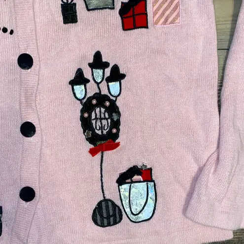 Vintage Victoria Jones Pink Cardigan with poodle and Christmas Accents Size M