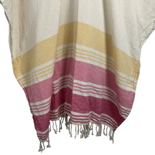 Tribe Alive Handmade Cotton Stripe Fringe Kaftan Poncho in Ivory/Pink OS