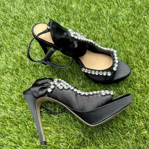 Pour La Victoire Black Satin Rhinestone Strappy Heels