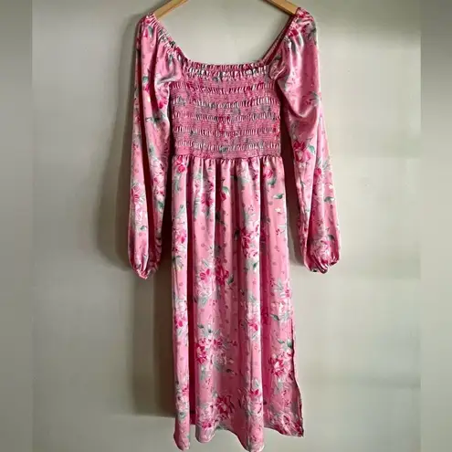 WAYF Smocked Pink Floral Polka Dot Babydoll Dress - Cottagecore Puff Sleeve Midi