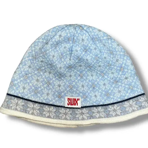 Swix Ski Beanie Cap Skull Hat Knit 100% Wool Sport Nordic Fair Isle Snowflake Blue