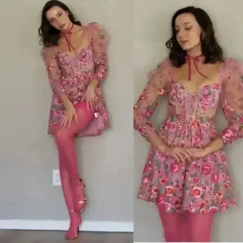 For Love & Lemons NWT  Tayla Ruffle Corset Embroidered Puff Sleeve Dress Size XS