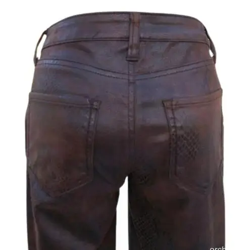 Cache  Brown Vegan Leather Lined Pant Jean Style Stretch Lace Reptile $128 NWT